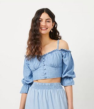 Blusa Cropped Em Liocel Com Decote Coração E Manga Bufante Azul