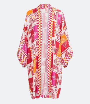 Saída de Praia Kimono em Viscose com Estampa Dia de Praia Vermelho