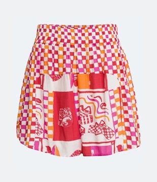 Saída de Praia Short em Viscose com Estampa Dia de Praia Xadrez Vermelho