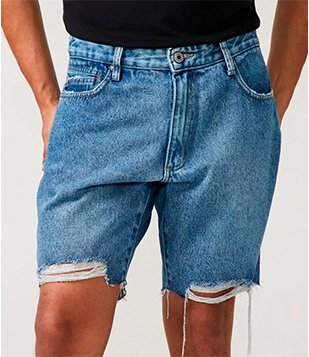 Bermuda Slim Jeans Com Puídos E Barra A Fio Azul