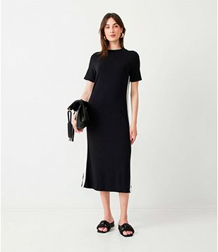 Vestido Midi em Moletinho com Recorte Lateral Preto