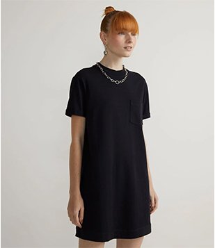 Vestido Curto Básico em Algodão com Bolsinho Frontal Preto