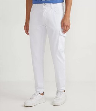 Calça Skinny em Sarja com Bolsos Cargo Branco