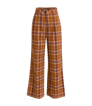 Calça Pantalona Alfaiataria com Pregas e Estampa Xadrez Marrom