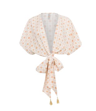 Blusa Cropped em Viscose com Amarração e Estampa de Sóis Bege