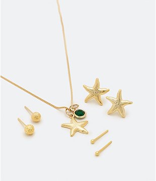 Conjunto Brinco e Colar em Metal com Pingente de Estrela do Mar Dourado 