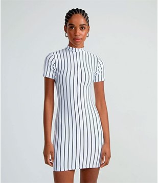 Vestido Curto em Ponto Roma com Listras e Abertura nas Costas Branco