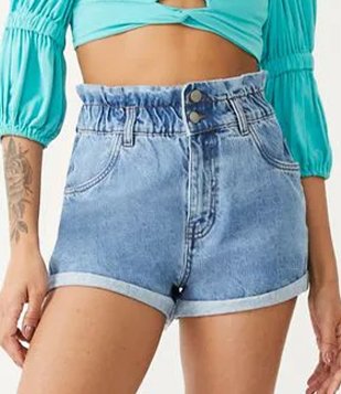 Short Mom Jeans Com Elástico No Cós E Barra Dobrada Azul