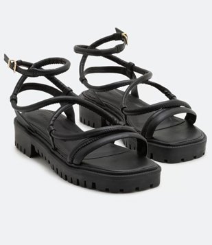 Sandália Rasteira Multi Tiras com Sola Tratorada Preto