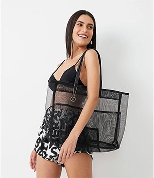 Bolsa de Praia Grande em Tela com Necessaire Preto