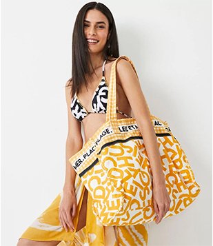 Bolsa de Praia em Algodão com Estampa Xadrez e Lettering Amarelo