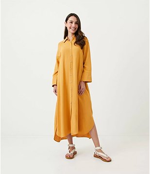 Vestido Chemise em Viscolinho com Manga Longa Raglan Amarelo