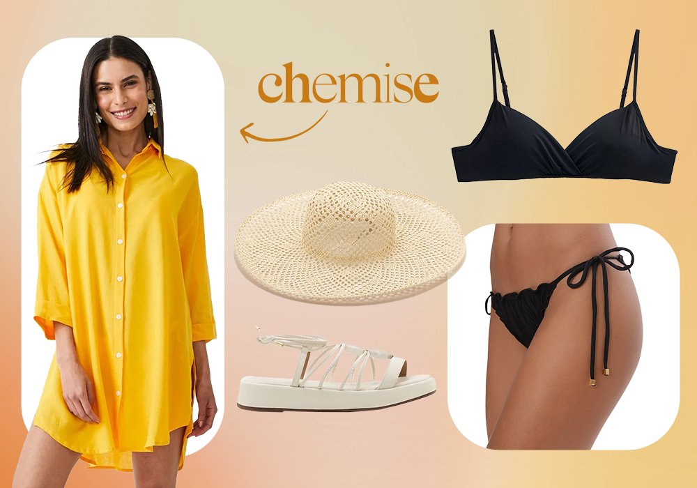 Top biquíni preto, calcinha biquíni preta, chapéu bege, saída de praia amarela, sandália multiras branca