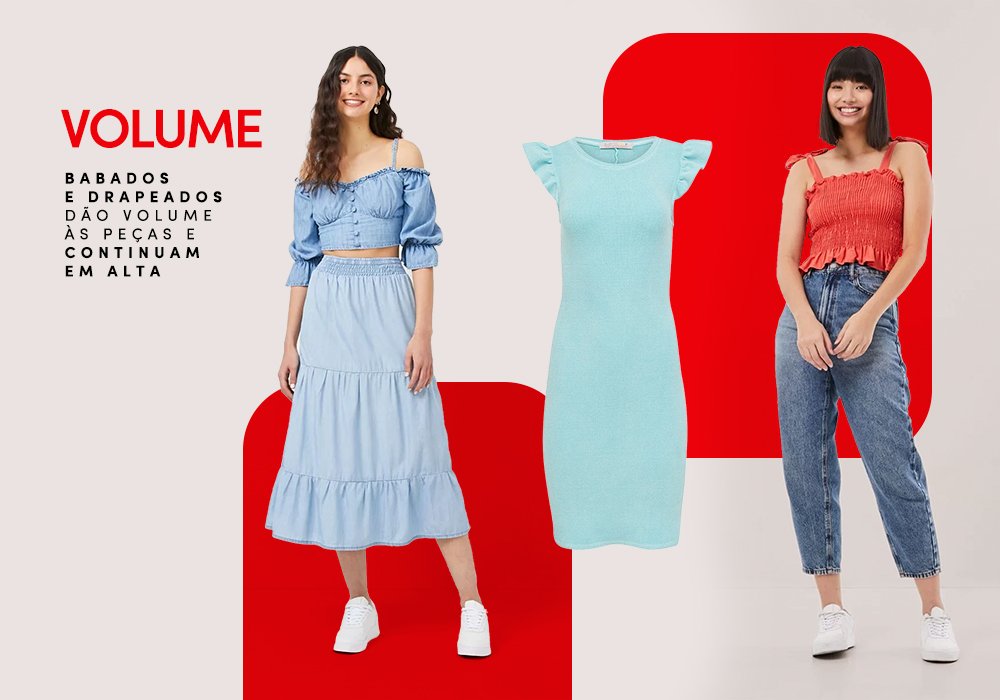 Imagem com fundo branco e vermelho com uma mulher usando uma saia midi azul, uma blusa cropped com manga bufante azul e um tenis branco. Ao lado tem um vestido midi verde claro e uma mulher usando uma blusa copped de alça vermelha, uma calça jeans e um tenis branco