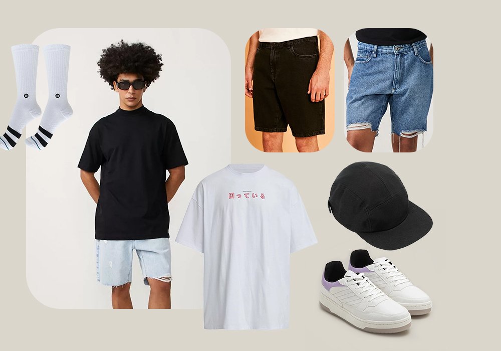 Imagem com um homem vestindo uma camiseta de manga curta preta e uma bermuda jeans. Ao lado tem uma camiseta de manga curta branca com estampa, uma bermuda preta, uma bermuda jeans, um tenis branco, um boné e uma meia branca com listras.