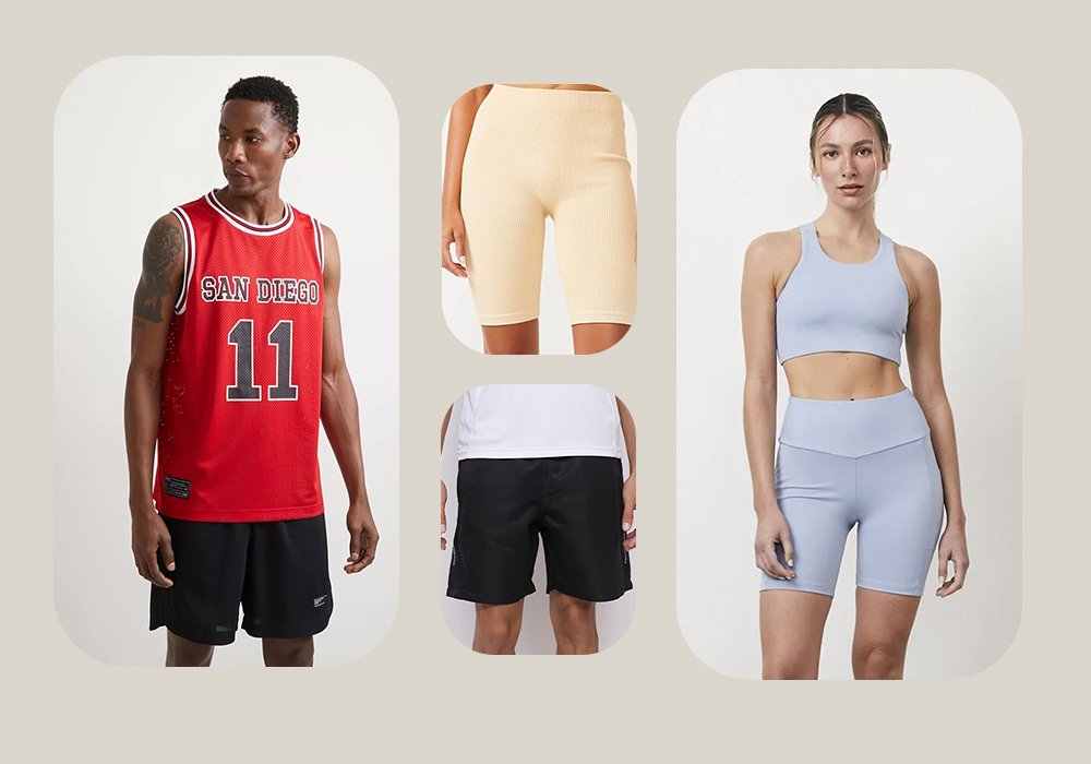 Imagem com uma vestindo uma camiseta regata veremelha com estampa e uma bermuda preta. Ao lado tem um short legging, uma bermuda preta e uma mulher vestindo um legging e um top lilas.