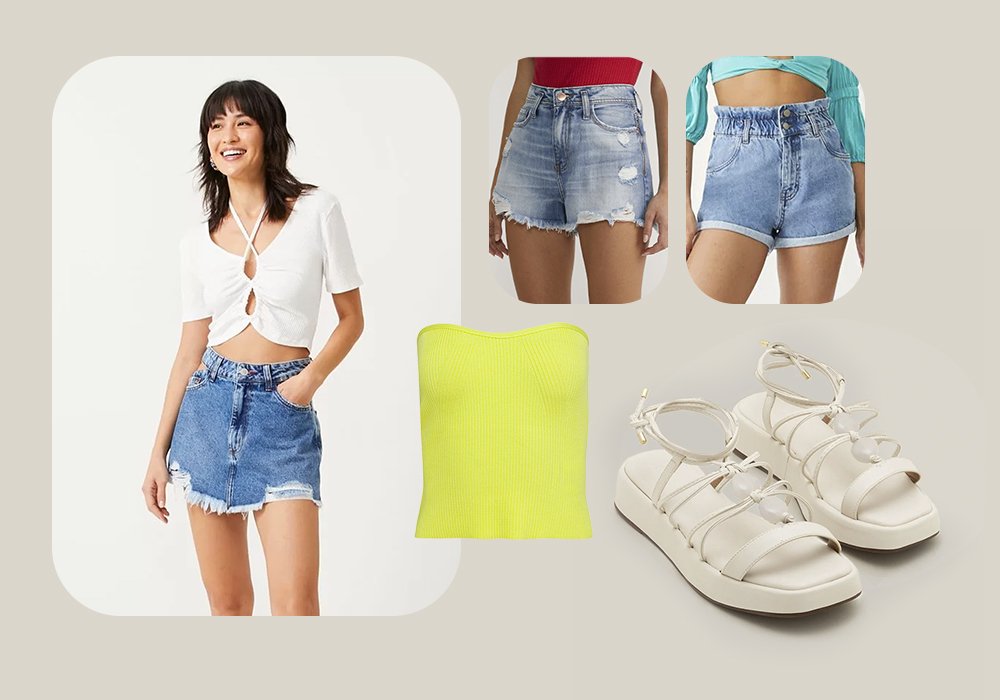 imagem com uma mulher vestindo um saia jeans e uma blusa cropped branca. Ao lado uma blusa tomara que caia amarela, 2 short jeans e uma sandália rasteira branca.