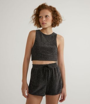 Blusa Regata Cropped Em Moletinho Com Fios Metalizados Preto