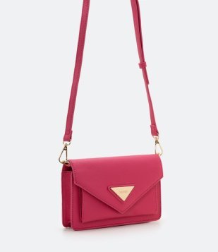 Bolsa Transversal Com Tampa E Plaquinha Em Triangulo Aplicada Rosa