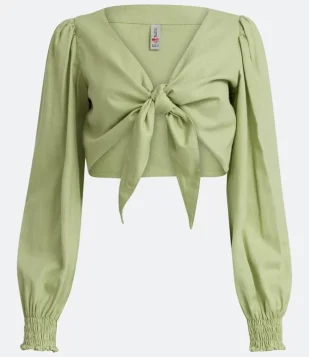 Blusa Cropped em Linho com Amarração Frontal e Lastex no Punho Verde