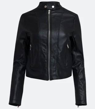 Jaqueta em Material Sintético com Zíper Tratorado e Bolsos Preto