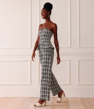 Macacão Tomara Que Caia Em Tweed Com Peplum Preto