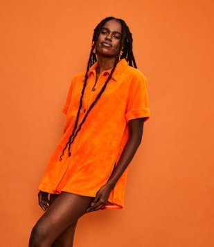 Saída De Praia Camisa Em Algodão Com Textura Atoalhada Laranja