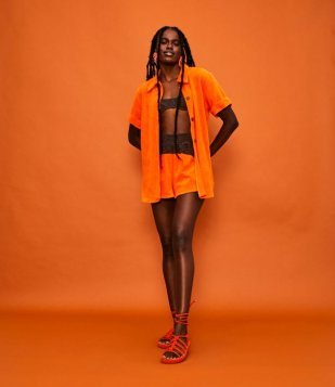 Saída De Praia Short Em Algodão Color Blocking Atoalhado Marrom