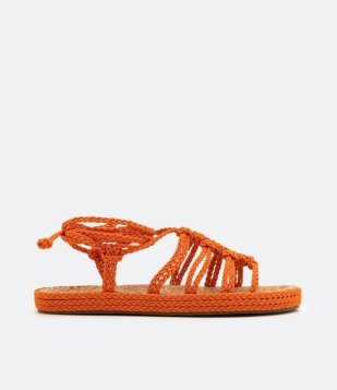 Sandália Rasteira Com Amarração De Cordas Trançadas E Sola Em Cortiça Laranja