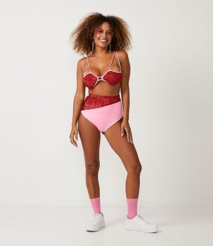 Short Hot Pants Com Paetês Contrastantes Vermelho