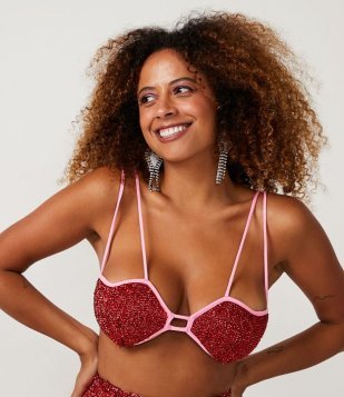 Blusa Cropped De Alças Duplas Com Amarração E Brilho Vermelho