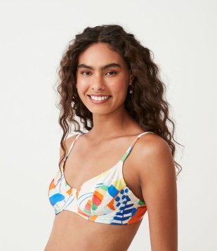 Biquíni Top Meia Taça Em Poliamida Com Estampa Abstrata Azul