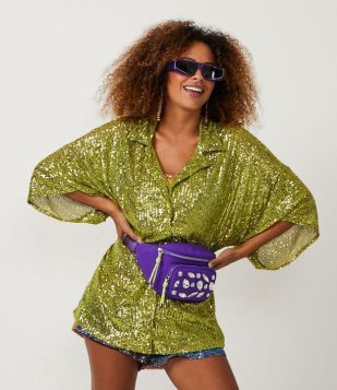 Kimono Em Paetê Com Manga Ampla E Abotoamento Frontal Verde