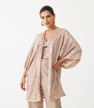 Kimono Amplo Em Malha Com Paetês Dourado