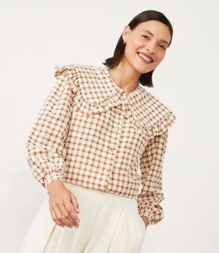 Camisa Em Viscose Com Gola Boneca E Estampa Xadrez Bege