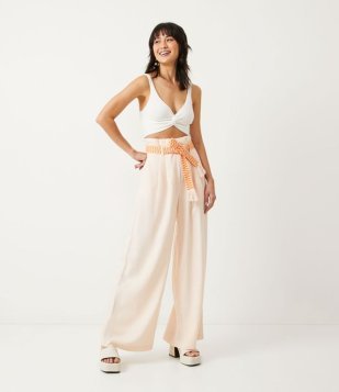 Calça Pantalona Em Linho Com Pregas E Cinto Bordado Rosa