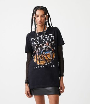 Camiseta Em Algodão Com Manga Curta E Estampa Kiss Destroyer Preto