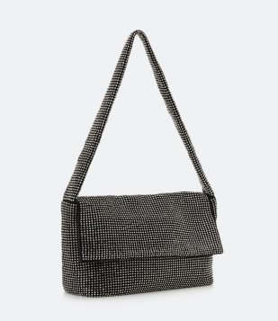 Bolsa Shoulder Baguete Desestruturada Em Strass Prata