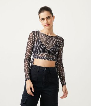 Blusa Cropped Em Tule Com Manga Longa E Estampa De Estrelinhas Preto