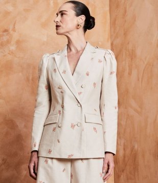Blazer Alongado Em Linho Com Estampa Floral E Mangas Bufantes Bege