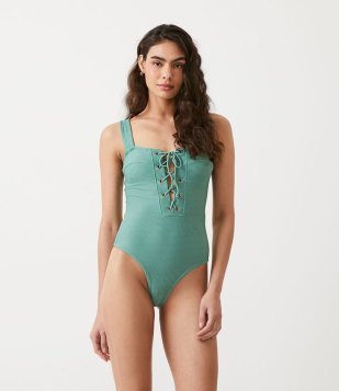 Maiô Em Poliamida Canelada Com Amarração No Decote Verde