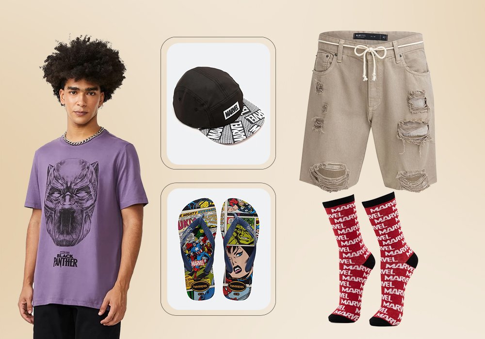 bermuda bege, meia cano alto estampada, boné preto com estampada, chinelo estampado e um homem usando uma camiseta roxa com estampa