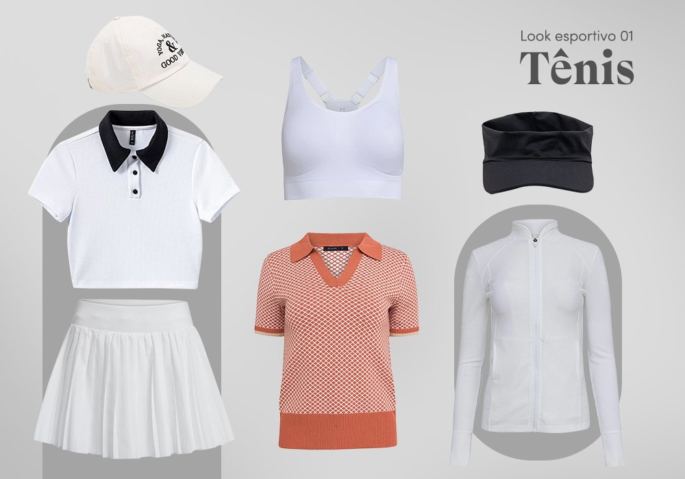 top esportivo branco, camiseta laranja, camiseta de manga comprida branca, boné preto, saia plissada branca, blusa polo branca com detalhes preto e boné branco