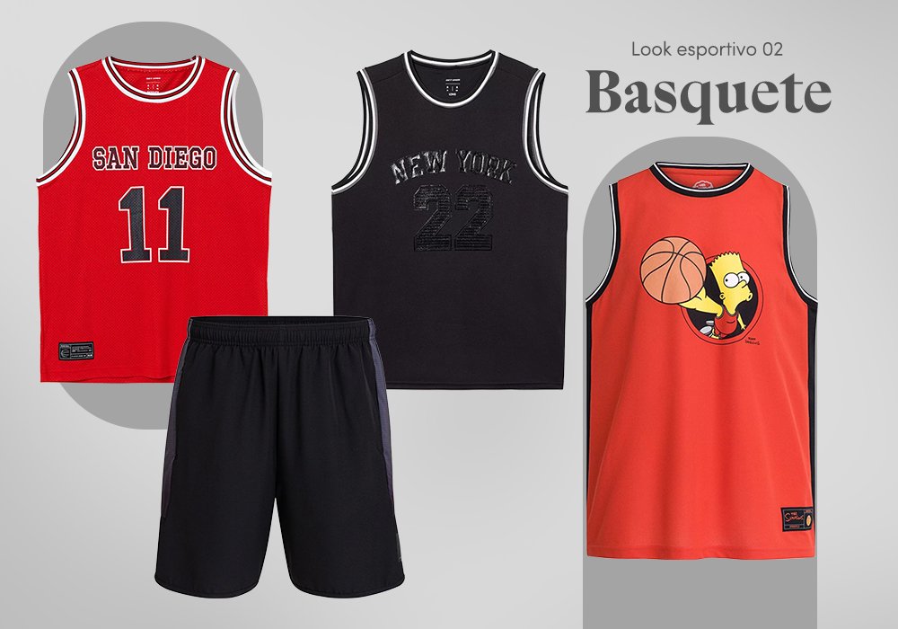 bermuda preta, camiseta regata laranja com estampa, camiseta regata vermelha com estampa, camiseta regata preta com estampa