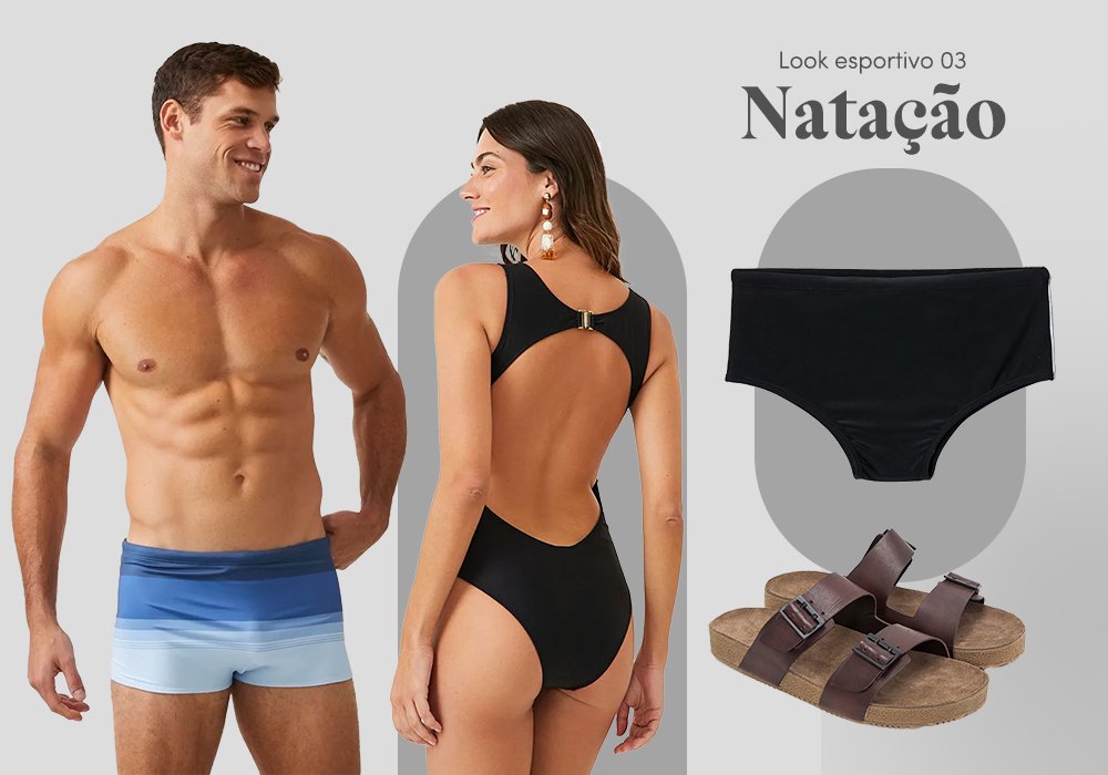 Homem usando um sunga listrada azul, uma mulher usando um maiô preto. Ao lado tem uma sunga preta e uma sandália rasteira com fivelas