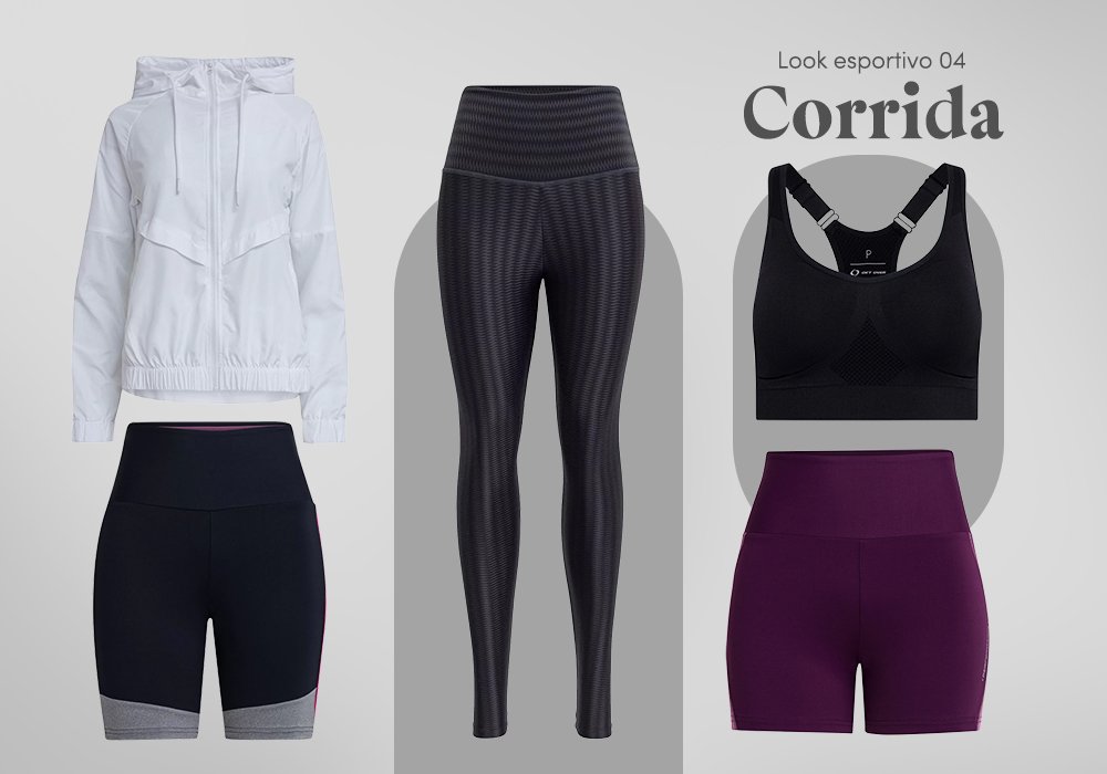 Calça legging preta, top esportivo preto, short legging roxo, short legging preto e jaqueta esportiva branca