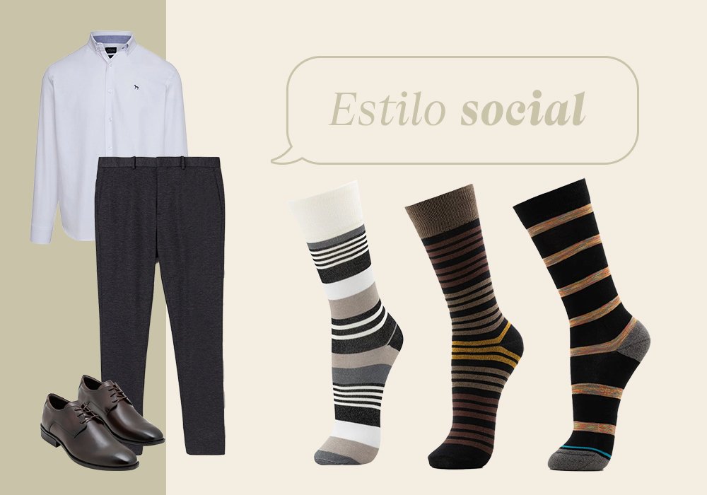 calça preta, camisa branca , um sapato social e meias estampadas