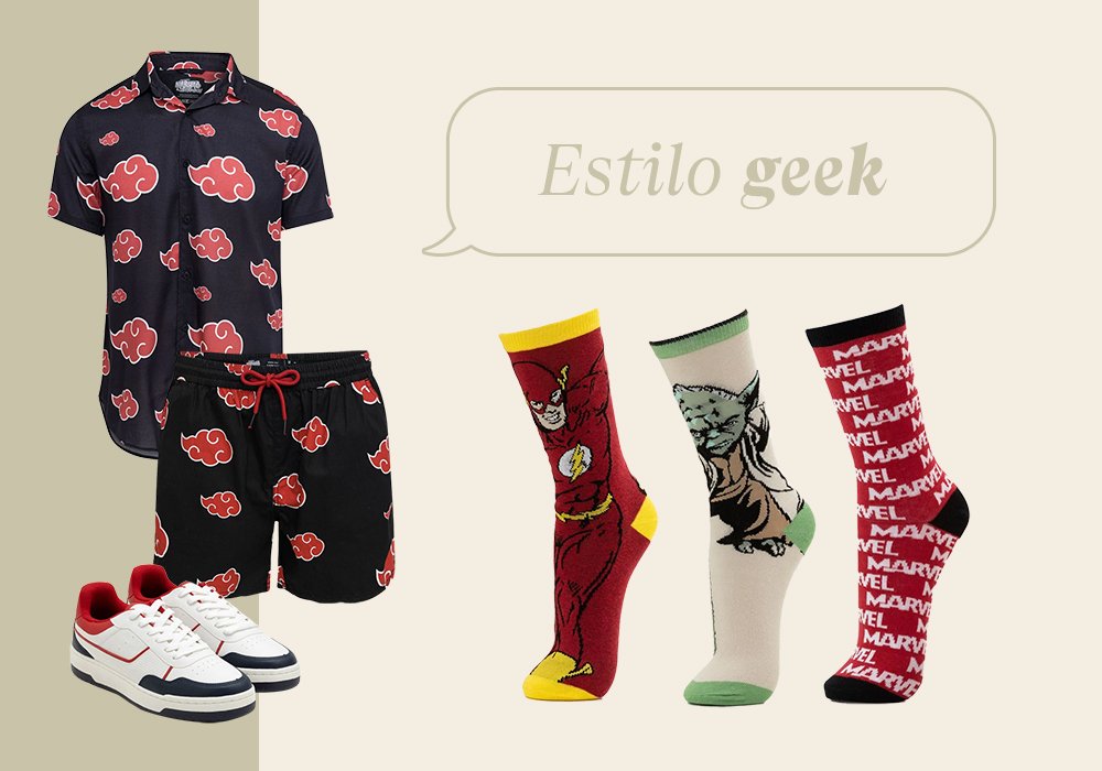 Camisa estampada, bermuda estampada, tenis branco e meias estampadas