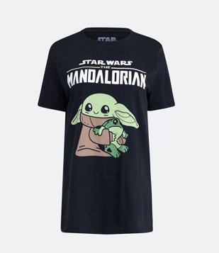 Blusa Alongada em Algodão com Manga Curta e Estampa Baby Yoda Preto