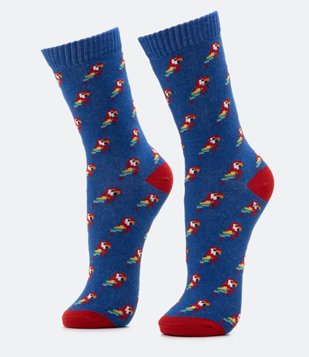 Meia Cano Alto em Algodão com Estampa de Papagaio Azul